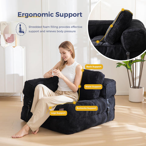 MAXYOYO Foldable Sofa Bed,Bean Bag Couch Convertible Sleeper Chair with Armrest L-Shaped Floor Lounge Sofa with Pillow Portable Lounge Seat for