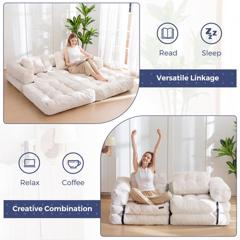MAXYOYO Foldable Sofa Bed,Bean Bag Couch Convertible Sleeper Chair with Armrest L-Shaped Floor Lounge Sofa with Pillow Portable Lounge Seat for