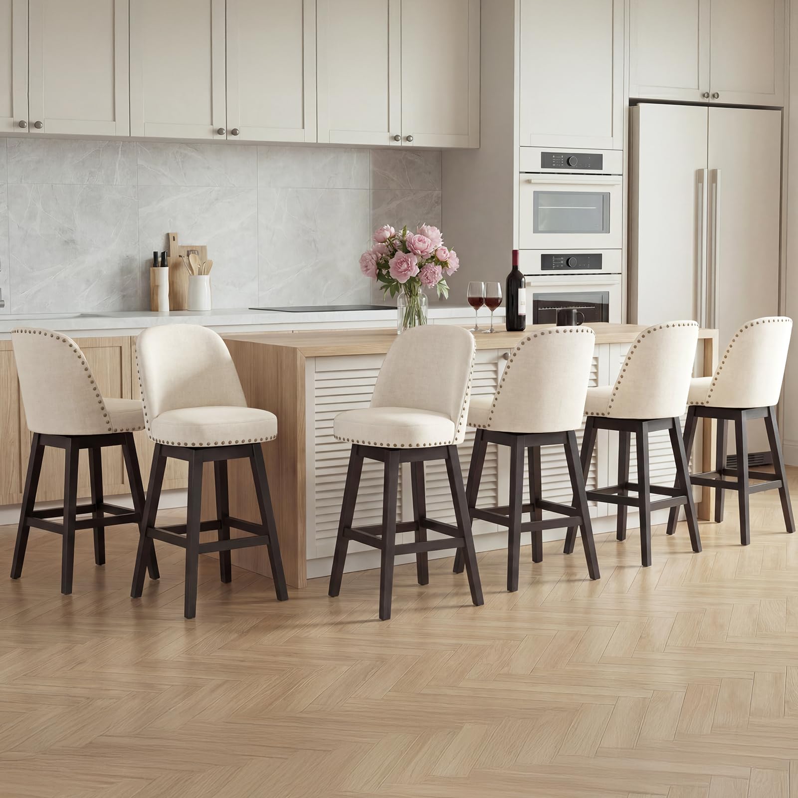Bar Stools Set of 6, 360° Swivel Counter Stools with Upholstered Seat, Wooden Frame & Nailhead Trim