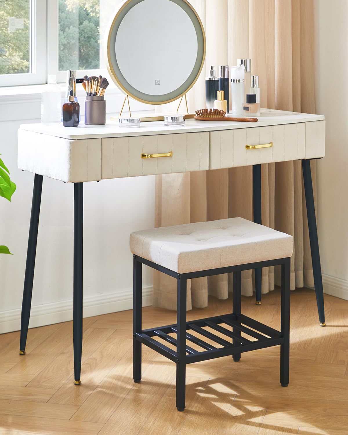 IBUYKE Rectangular Makeup Stool, Linen Seat Vanity Chair, Linen WBD017Y