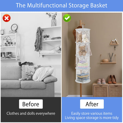 APOMOONS Hanging Mesh Storage Basket, Foldable 4 Tier Hanging Teddy Storage Net, Compartments Soft Toy