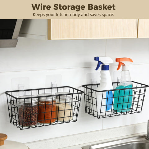 yeesport 2 Pack Black Wire Storage Baskets, Wall Mounted Carbon Steel Storage Bins with Traceless Adhesive, Small Pantry Baskets for Kitchen