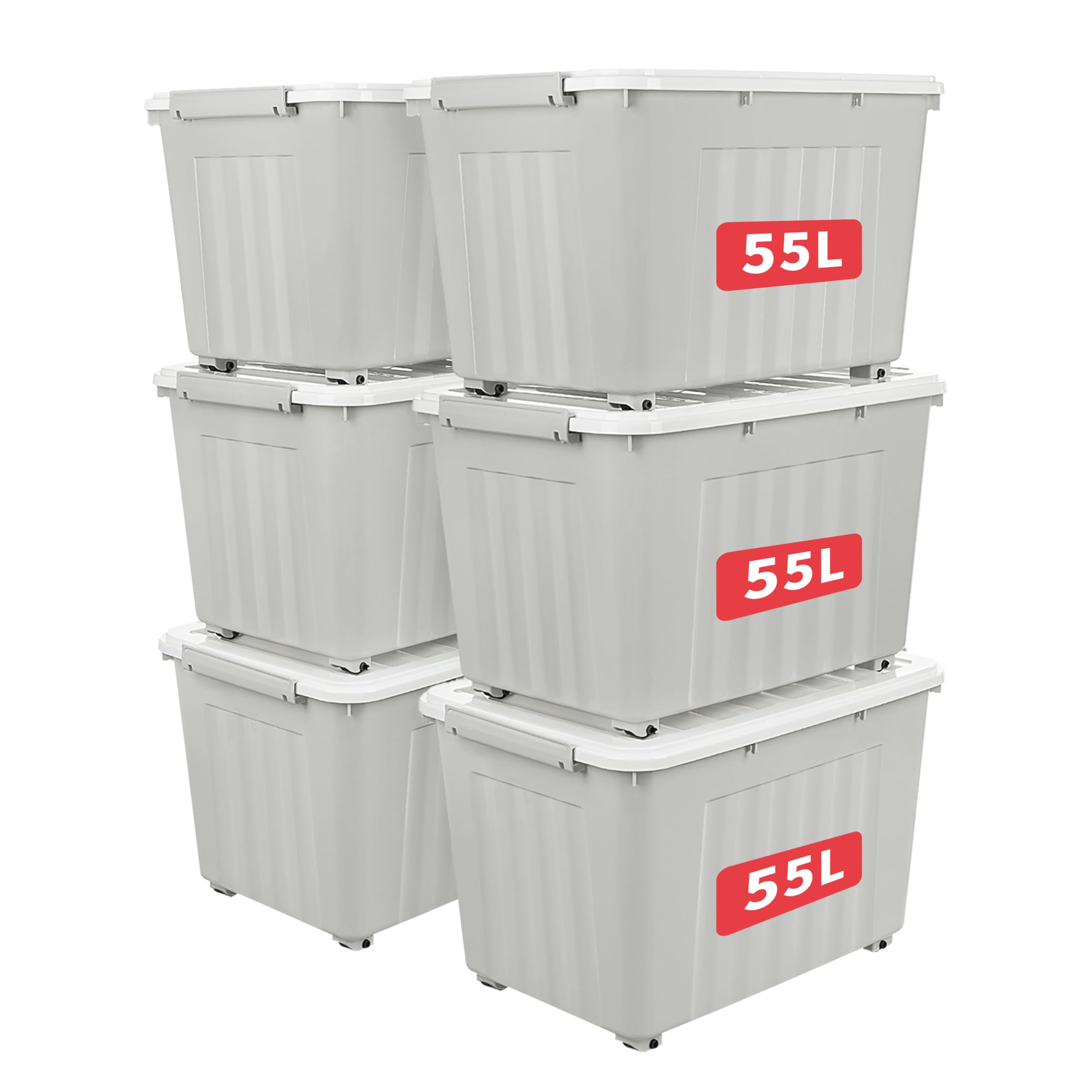 Cetomo 55L*6 Storage Boxes with Lids, Plastic Storage Box with Wheels and Secure Side Latches, Stackable & Nestable Organizer for Home, Office