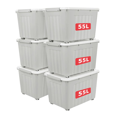Cetomo 55L*6 Storage Boxes with Lids, Plastic Storage Box with Wheels and Secure Side Latches, Stackable & Nestable Organizer for Home, Office