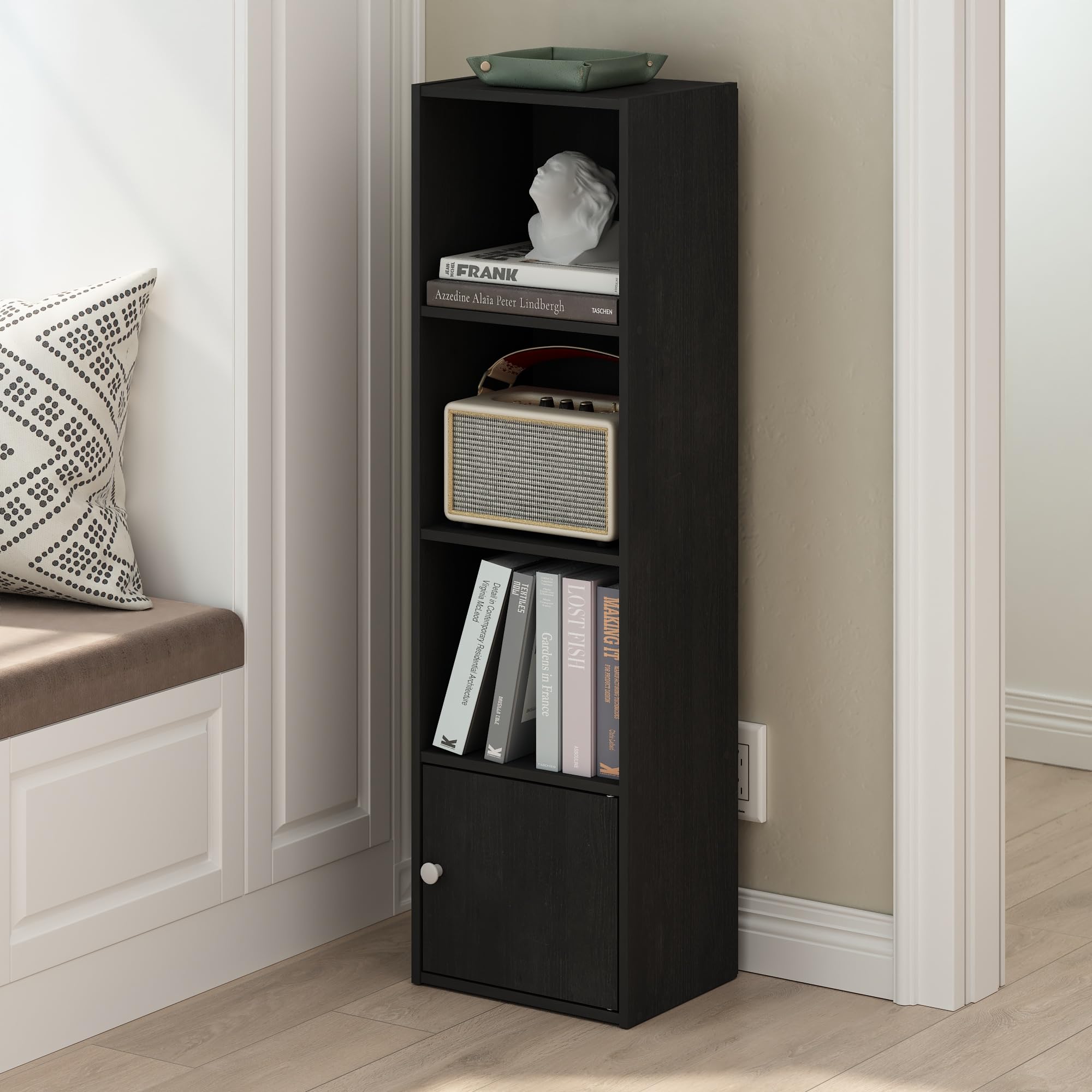 Furinno LUDER Book Shelf, 4-Tier Bookshelf, Bookcase with 1 Door Storage Cabinet, 9.3 x 12 x 41.8, for Living Room, Bedroom, Home Office, Blackwood
