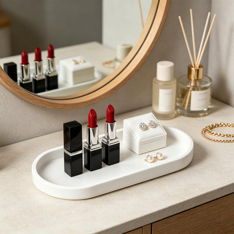 2 Pcs Bathroom Trays, White Bathroom Vanity Tray, Oval Silicone Organizer Trays, Toilet Tank Storage Tray for Jewelry Rings Dresser Kitchen Sink
