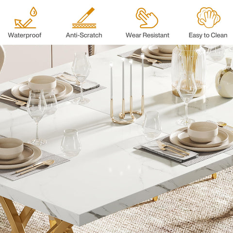 LITTLE TREE Modern Dining Table for 4-6 People, 63" Large Rectangular Kitchen Table with Faux Marble Tabletop and Geometric Legs