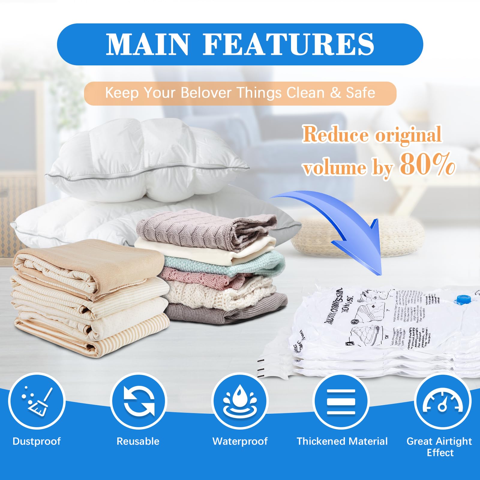 MagicQCraft 6 Pack Medium(50 * 70cm) Vacuum Storage Bags,Vacuum Compression Zipper Storage Bags with Airtight Valve and Hand Pump,Save 80% More
