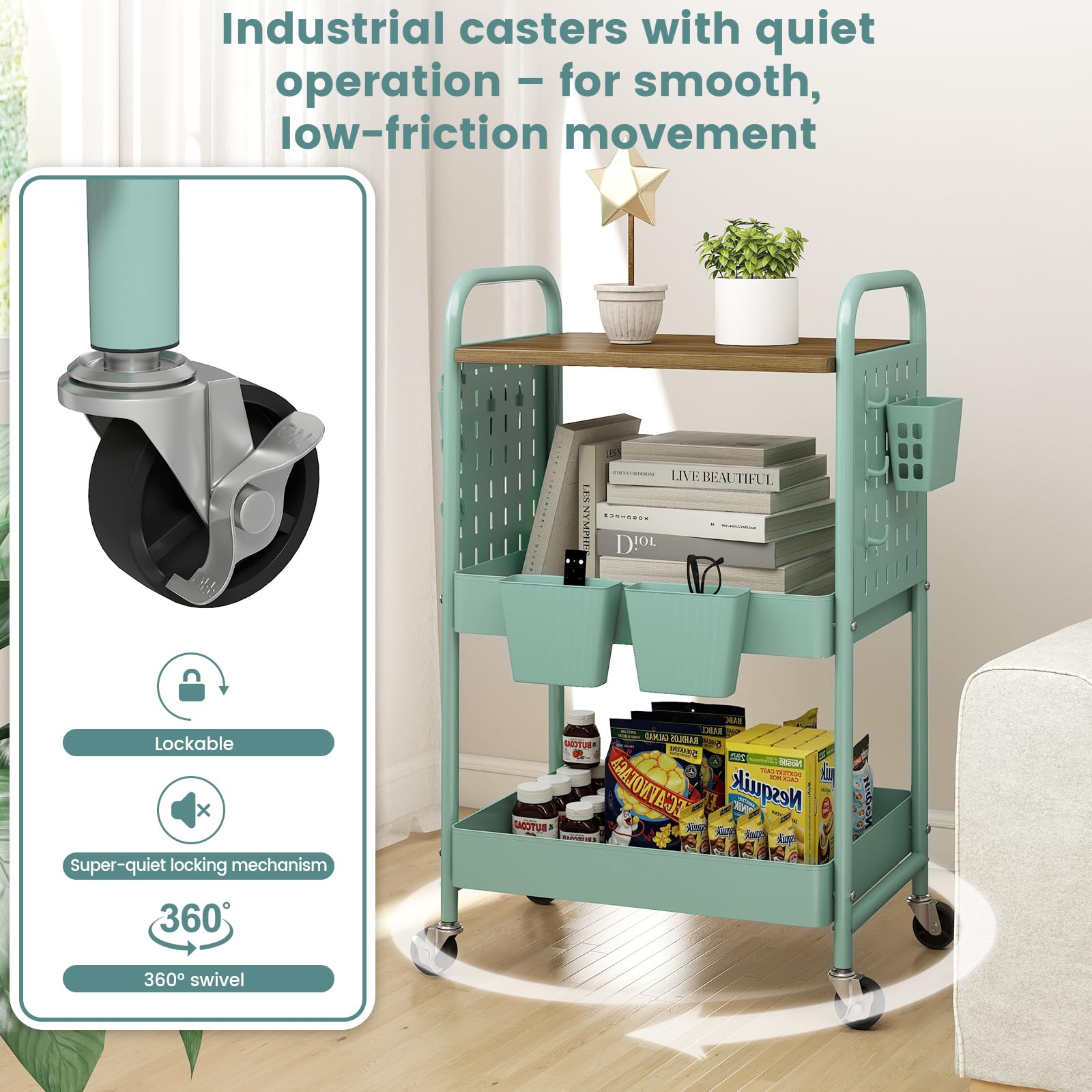 danpinera 3 Tier Rolling Cart, Metal Utility Cart with Wooden Table Top & DIY Pegboard, Rolling Carts