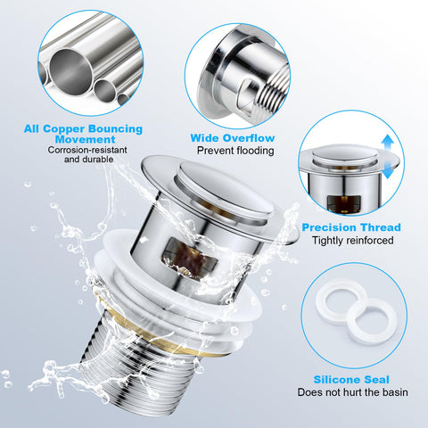 Ainiv Pop Up Sink Plug, Drain Fitting Sink With Overflow, Brass Pop Up Drain Valve for Washbasin Drain Fitting Bathroom Sink with Stainless Steel