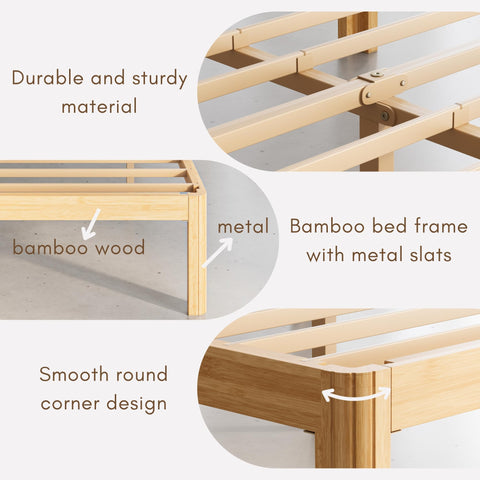 QFtime Bamboo Wood Double Bed Frame, Platform Bed Frame Double with Metal Slats Support, Easy to Install, Noise Free, Sturdy, 30.5 cm High