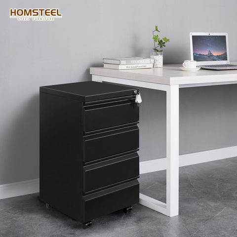 HOMSTEEL 4 Drawers File Cabinet, Metal Filing Cabinet with Lock, Mobile File Cabinet, Fully Assembled Except Casters, for Office, Home Office, Black