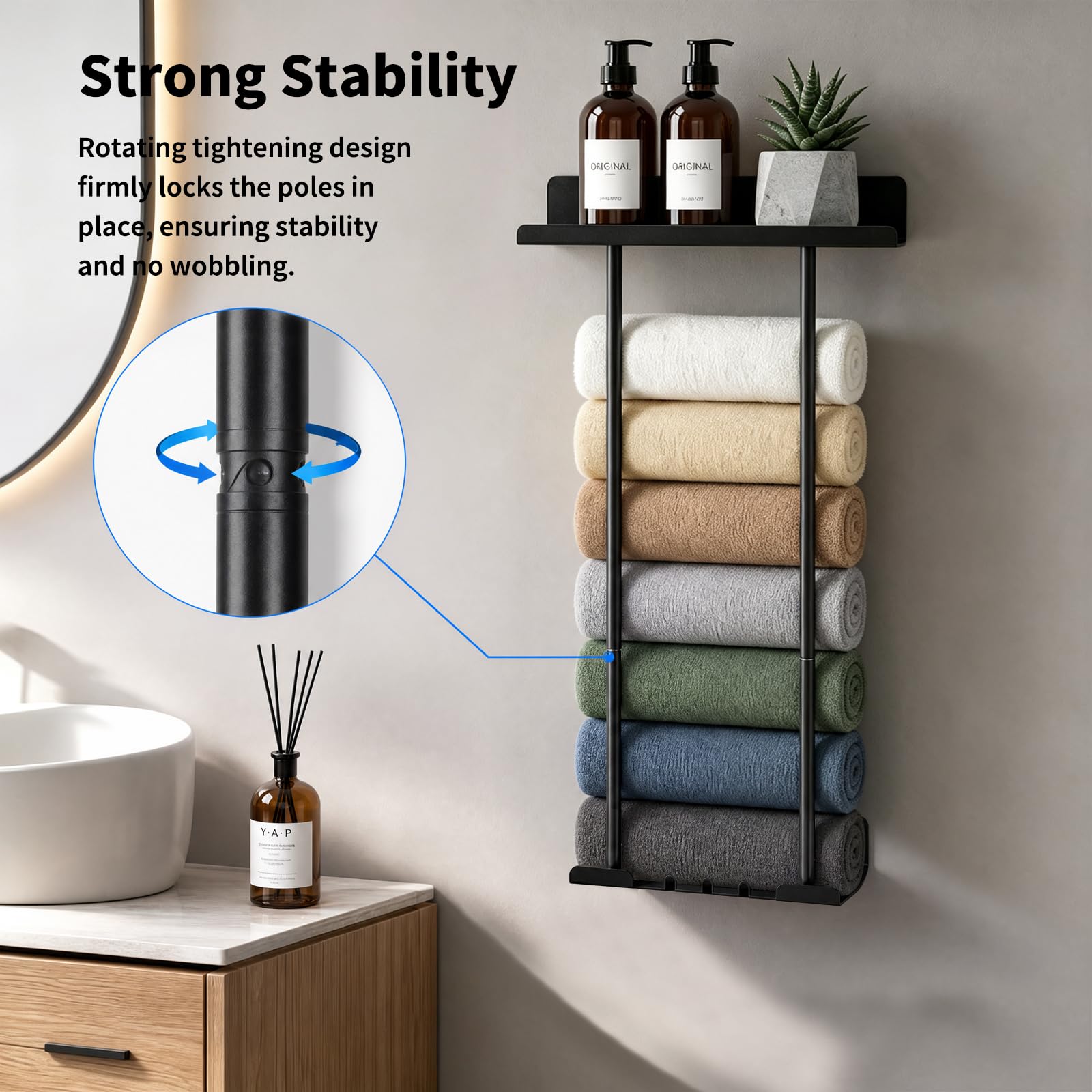 Towel Rack, Bathroom Towel Holder Self Adhesive, 38-75cm Adjustable Pole