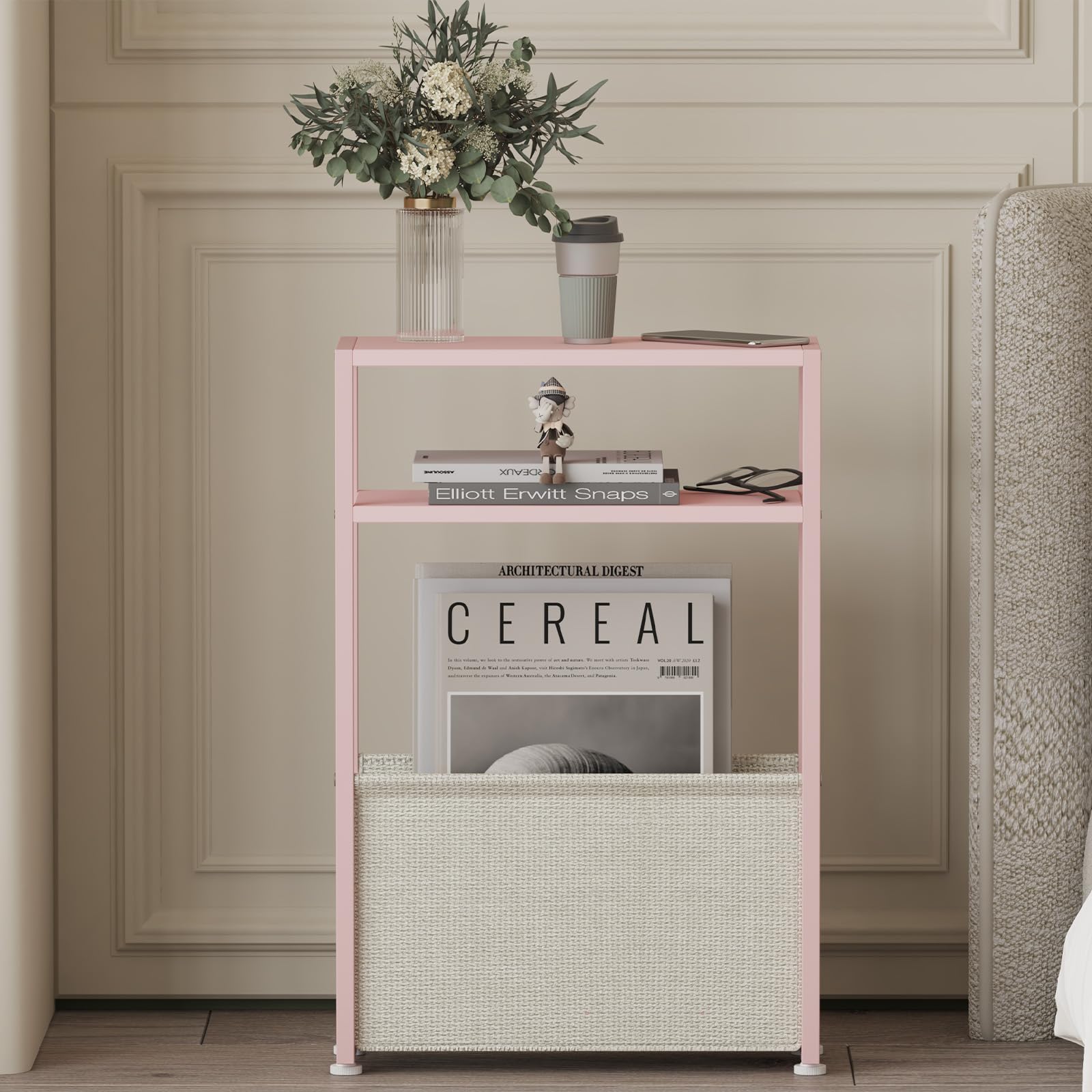 JERX Narrow Side Table with Fabric Basket, End Table for Small Spaces, Slim Side Table with Magazine Rack for Living Room Office Bedroom and Bathroom