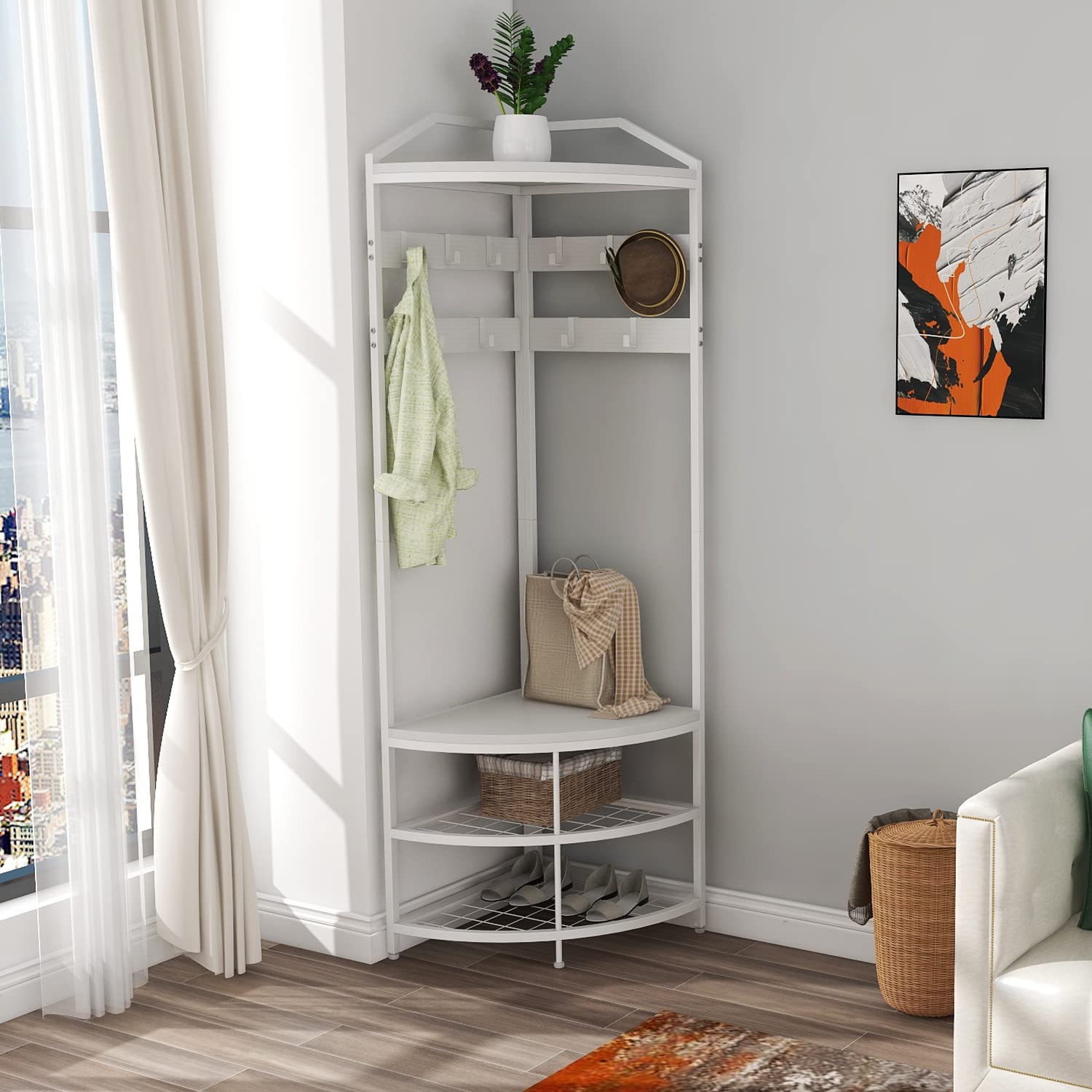 VEDECASA Metal Coat Rack - Corner - Hallway Tree - Freestanding Garment Rack with 12 Movable Hooks and Storage Shelf for Hallway, Living Room