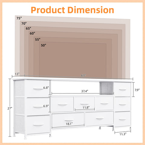 VERMESS 63" Tv Cabinet, Dresser for Bedroom with 11 Fabric Drawers, TV Stand with Power Socket for TVs up to 70", TV Units for Living Room, Bedroom