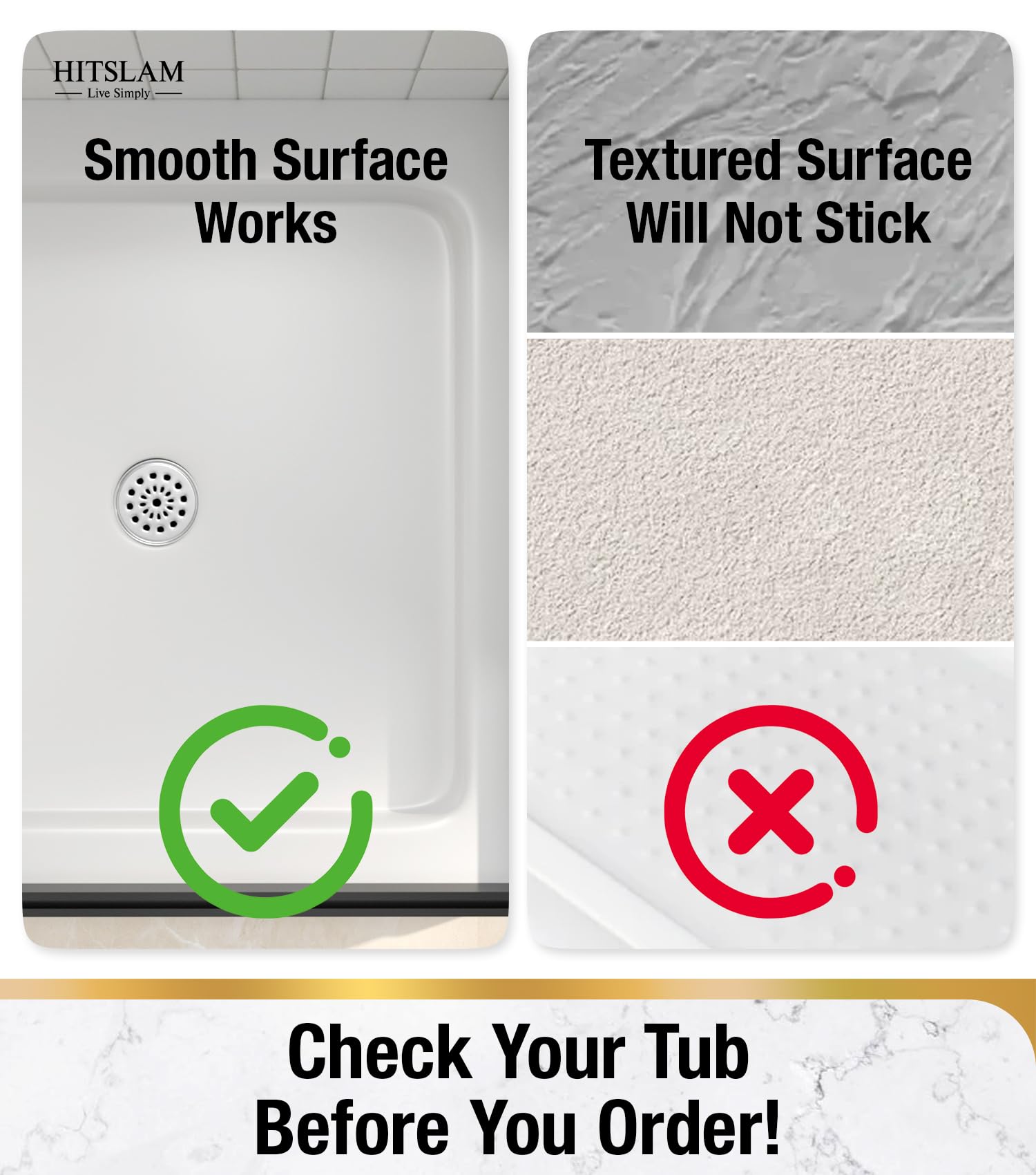 HITSLAM Square Shower Mat Non Slip Anti Mould, 60 x 60 cm Cut to Fit No Odor Soft TPE Bath Mat with Suction Cups and Drain Holes