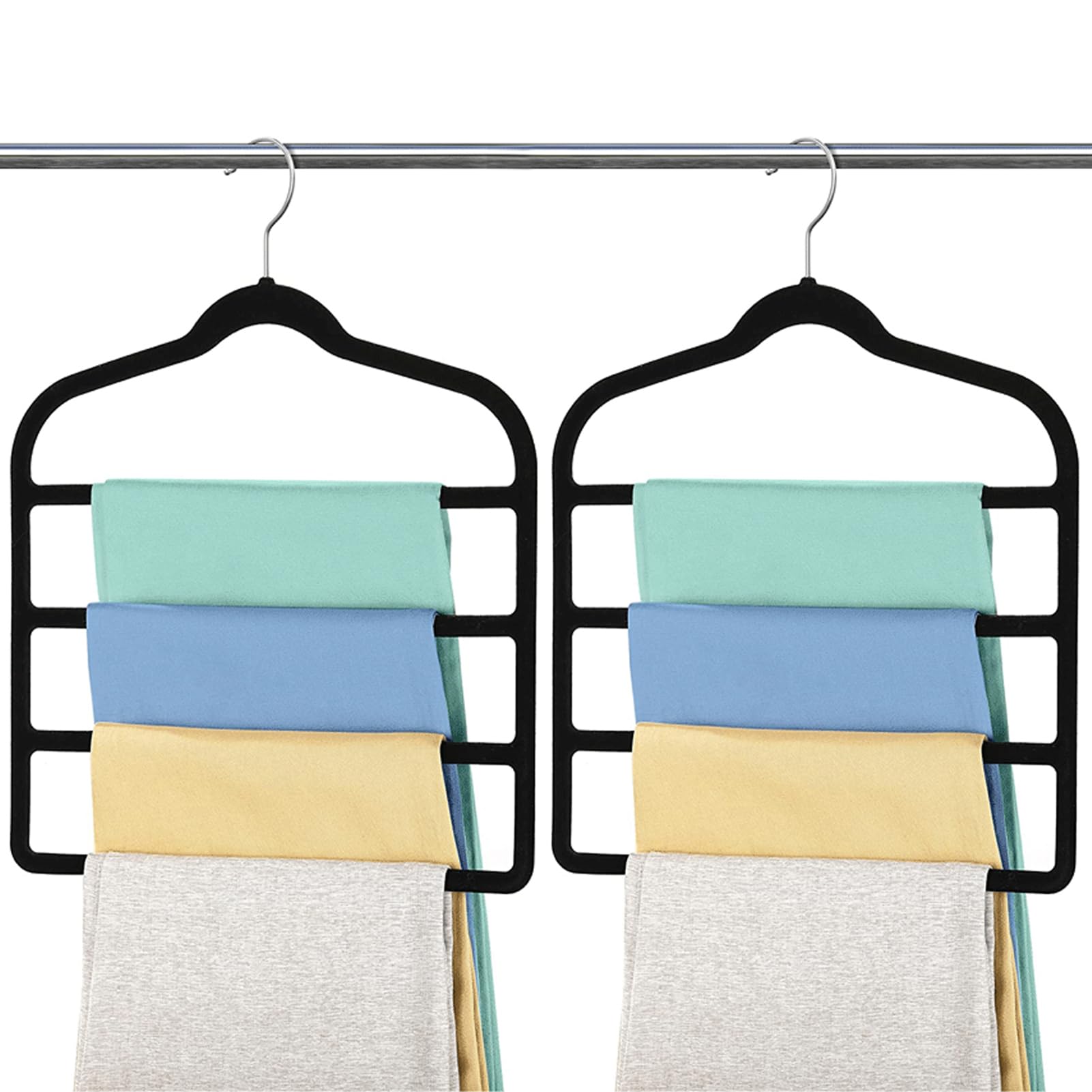 2PCS Velvet Trouser Hangers, Trouser Hanger Space Saving, Black Velvet Hanger, Multiple Layer Wardrobe Organiser for Pants, Jeans, Scarves