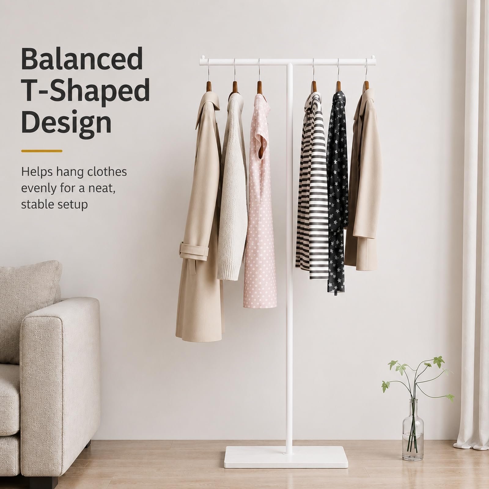GOOGO T-Shaped Coat Rail Freestanding, Heavy Duty Metal Clothes Rack with Stone-Effect Base, 175 cm Modern Coat Stand for Hallway, Entryway, Bedroom