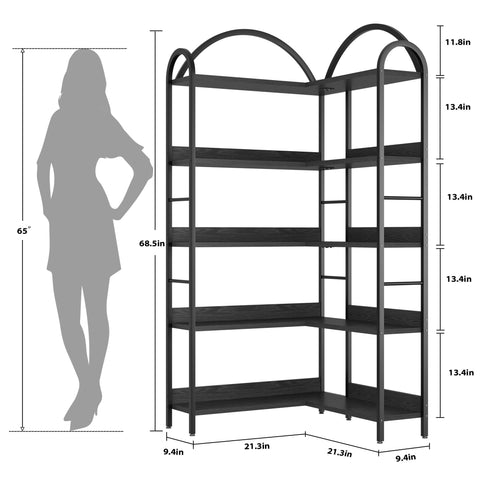 Crevyteg 68.5" Arched Industrial Corner Bookcase - 5-Tier Large Bookshelf with Wood Shelves and Metal Frame - Modern Storage Display for Home Office