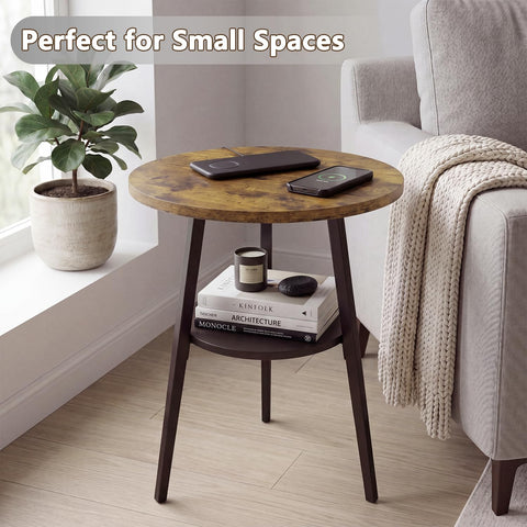 Small Round Side Table, 2-Tier Coffee Table with Storage Shelf
