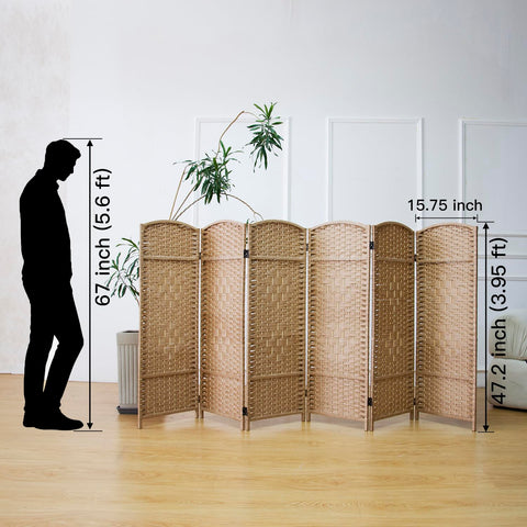 Furnnylane 6 Panel Light Brown Rattan Divider Short Room Partition Screen,Double Sided Short Folding Divider for Room Separation,120 cm Tall