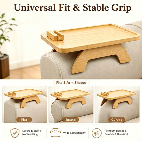 Sofa Arm Tray, Bamboo Couch Arm Tray Table with 360° Rotating Phone Holder, Clip on Sofa Armrest Tray Table, Foldable Sofa Side Table for Drinks
