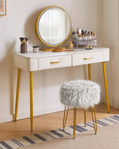 IBUYKE Round Faux Fur Vanity Stool with Storage, Makeup Chair, Gray WBD021G