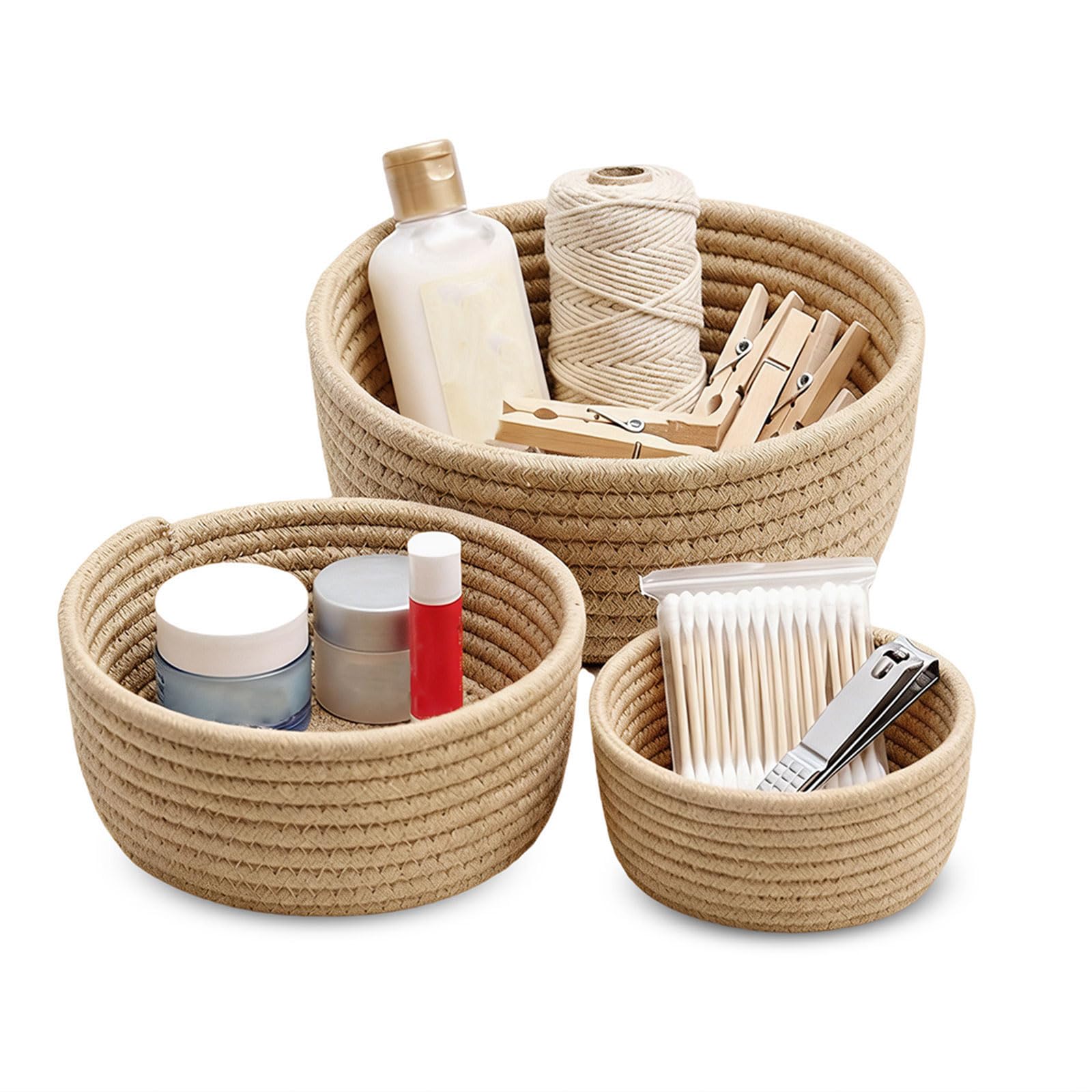 3 Pcs Small Woven Baskets, Cotton Rope Round Organizer for Shelves