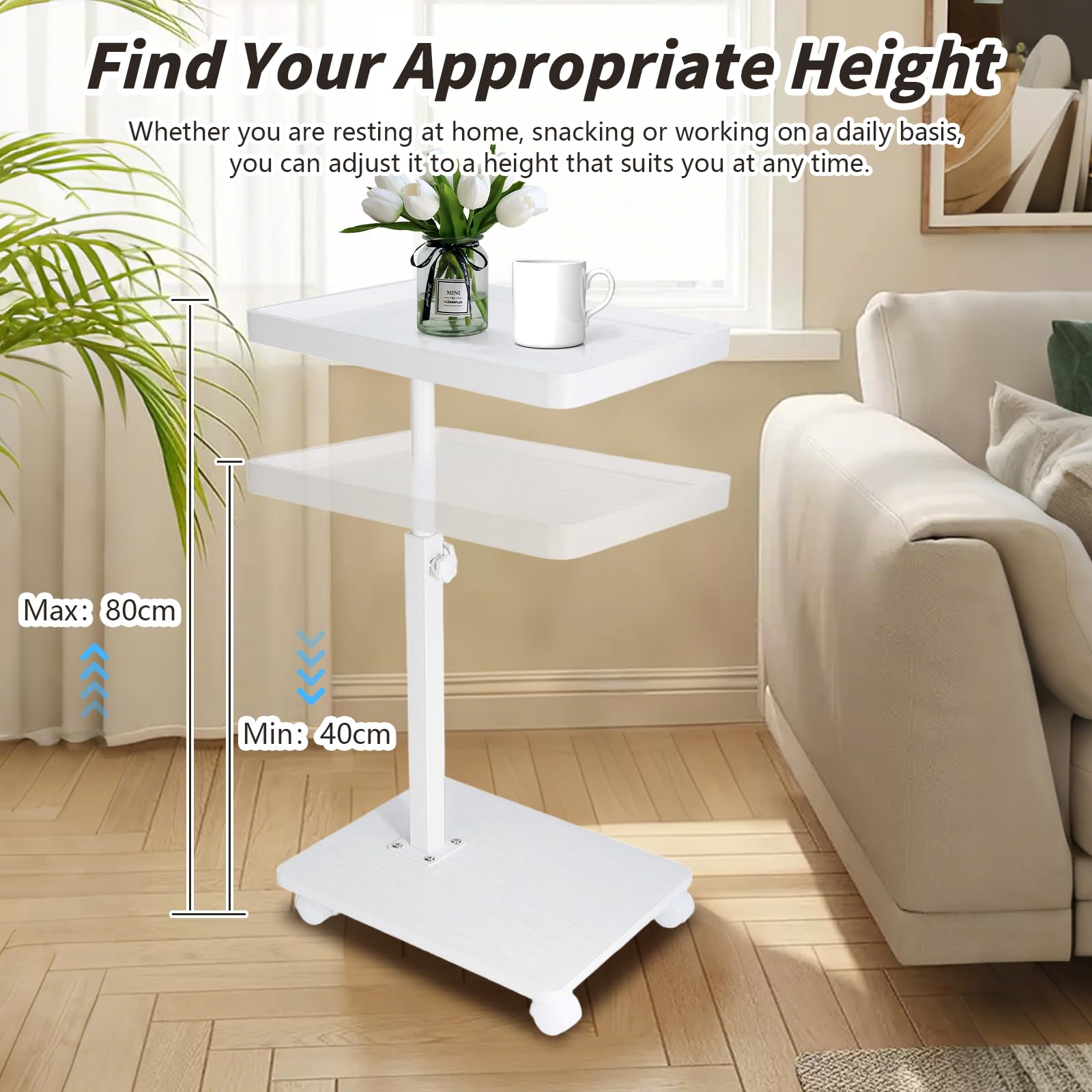 XUDREZ Adjustable Side Table, C Shaped Small Table with 4 Wheels 364° Swivel Tray, End Table for Living Room Bedroom Sofa Small Spaces (White