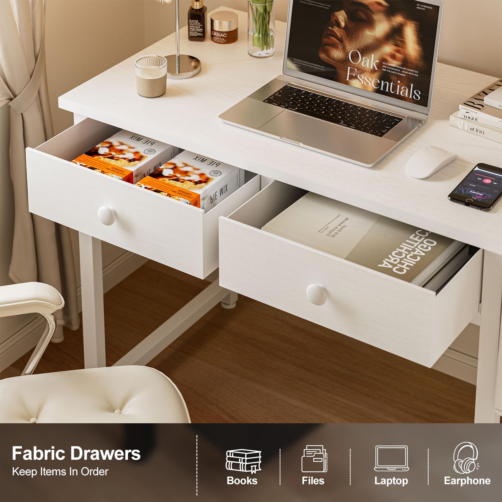 Grandder Small Computer Desk with 2 Fabric Drawers, 80 x 40 cm Home Office Desk with Storage Bags and Drawers
