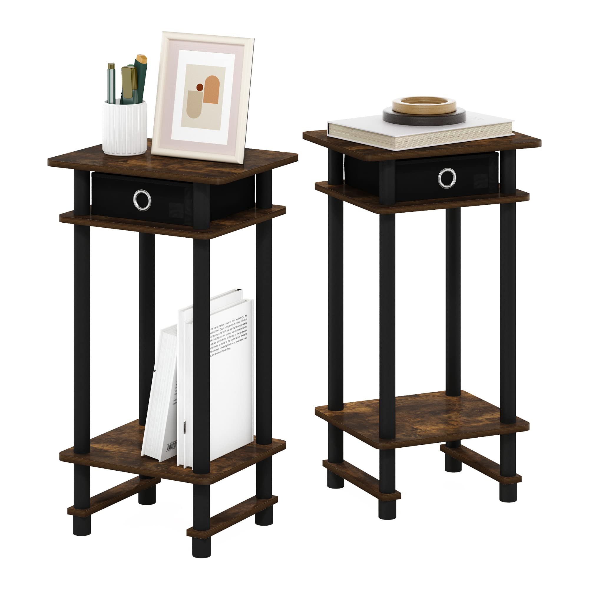 Furinno TURN-N-TUBE Side Table Set of 2, 3-Tier End Table with Storage Bin, Open Shelf Night Stand, Bedside Table, for Living Room, Bedroom