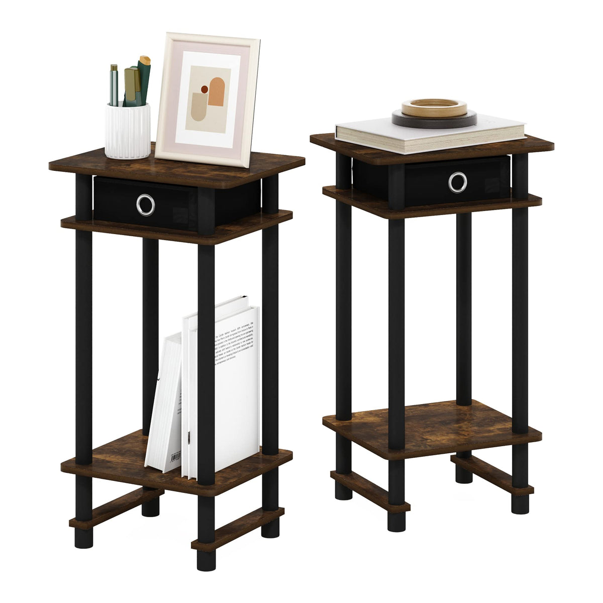 Furinno TURN-N-TUBE Side Table Set of 2, 3-Tier End Table with Storage Bin, Open Shelf Night Stand, Bedside Table, for Living Room, Bedroom