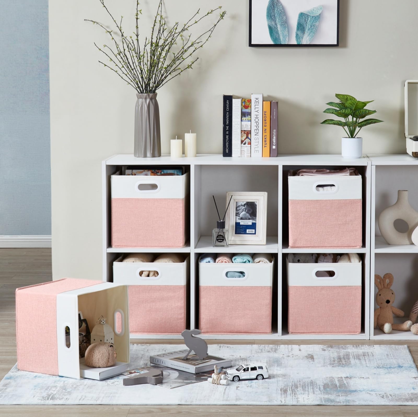 SOCOHOME Fabric Cube Storage Boxes, 30x30x30cm Foldable Storage Baskets for Shelf Nursery Closet(Pink/White, Set of 4)