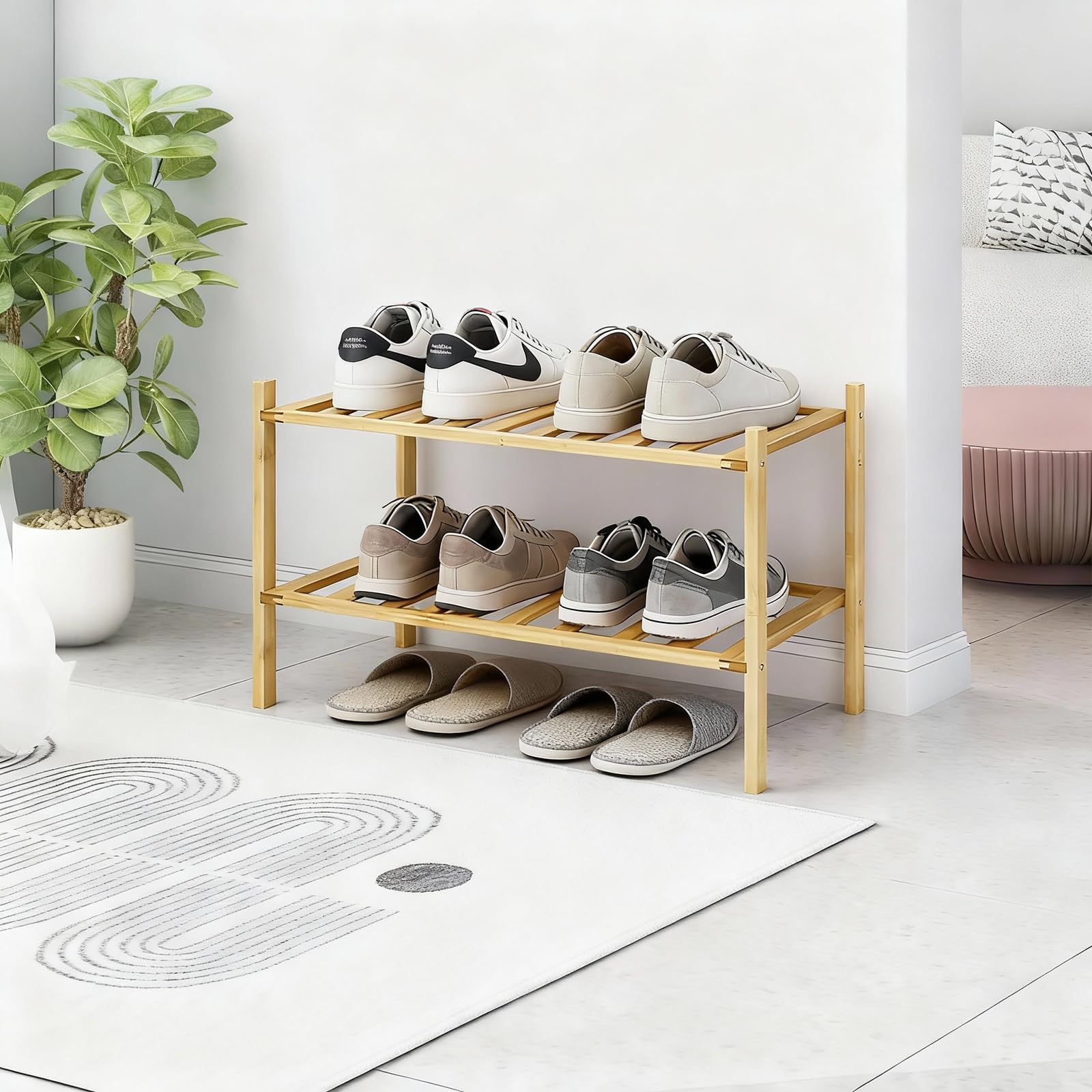 Akloya Small Shoe Rack, Multipurpose 2 Tier Shoe Organizers Rack，Small Bamboo Shelfs for Shoes, Plants, Books, Living Room, Hallway Bedroom, Bathroom