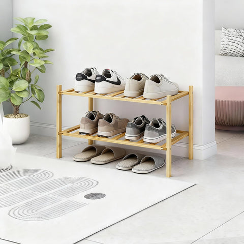 Akloya Small Shoe Rack, Multipurpose 2 Tier Shoe Organizers Rack，Small Bamboo Shelfs for Shoes, Plants, Books, Living Room, Hallway Bedroom, Bathroom