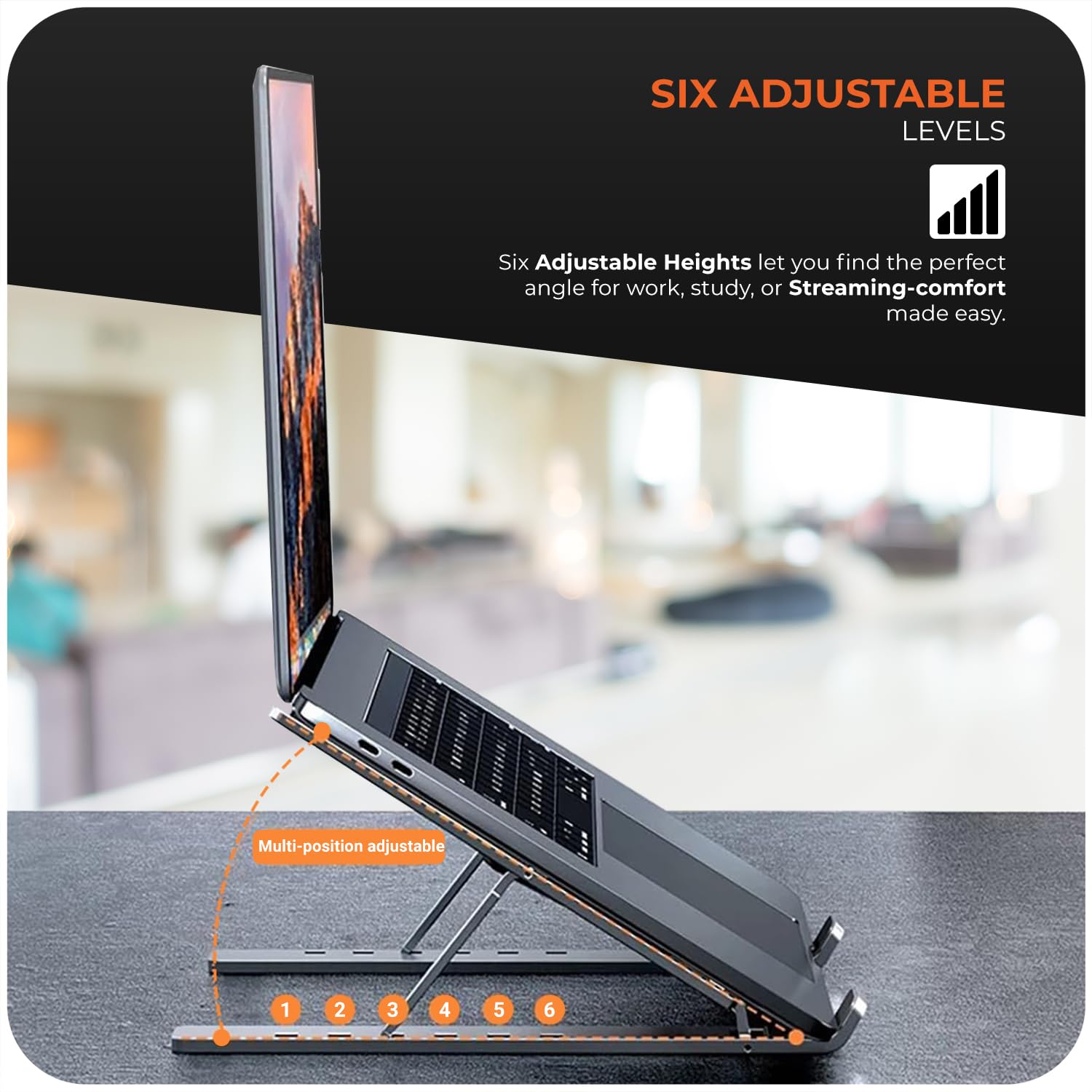 Roe Tenpo Laptop Stand For Desk, 6 Levels Height Adjustable Laptop Riser For Desk, Foldable & Portable, Compatible with MacBook Air/Pro, HP, ASUS