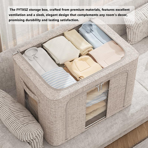 FYTXSZ Clothes Storage Boxes 66L with Metal Frame, Foldable Fabric Storage Bins with Lid and Clear Window