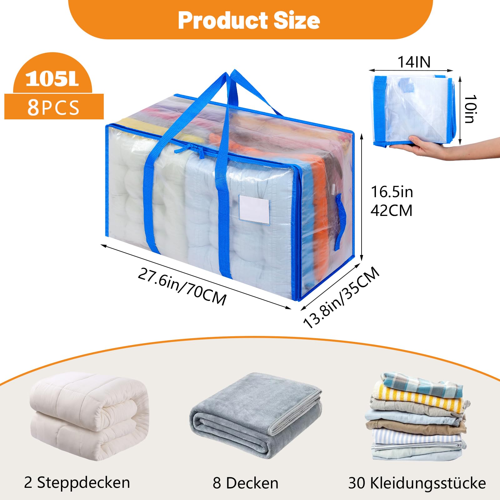 Dntorx 8 Pack 105L Moving Bags Clothes Storage Bags Drom Packing Box, Blue