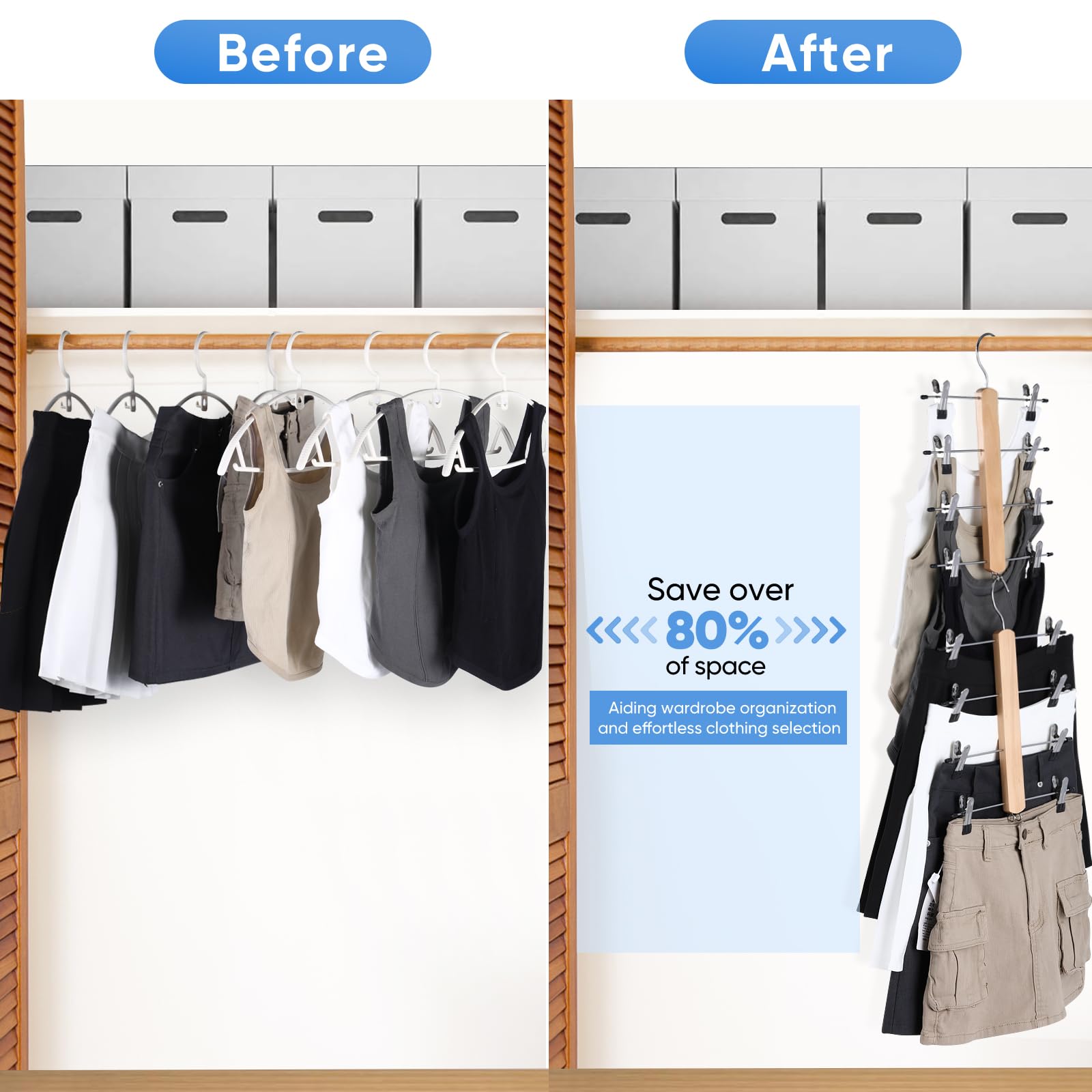 VANZAVANZU Trouser Hangers with Clips Space Saving Pant Hangers, 2 Pack 4 Tier Wooden Pole Skirt Hangers Clip Hangers