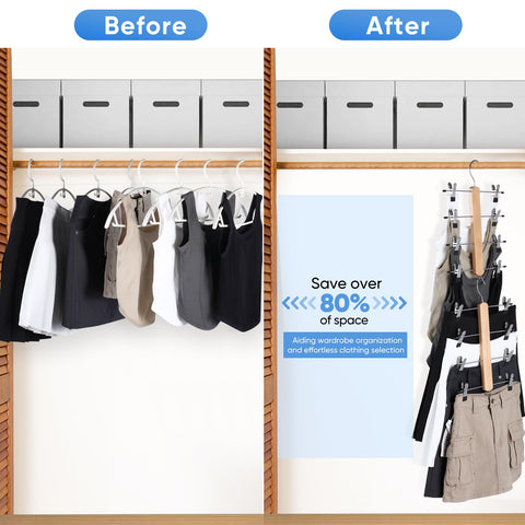 VANZAVANZU Trouser Hangers with Clips Space Saving Pant Hangers, 2 Pack 4 Tier Wooden Pole Skirt Hangers Clip Hangers