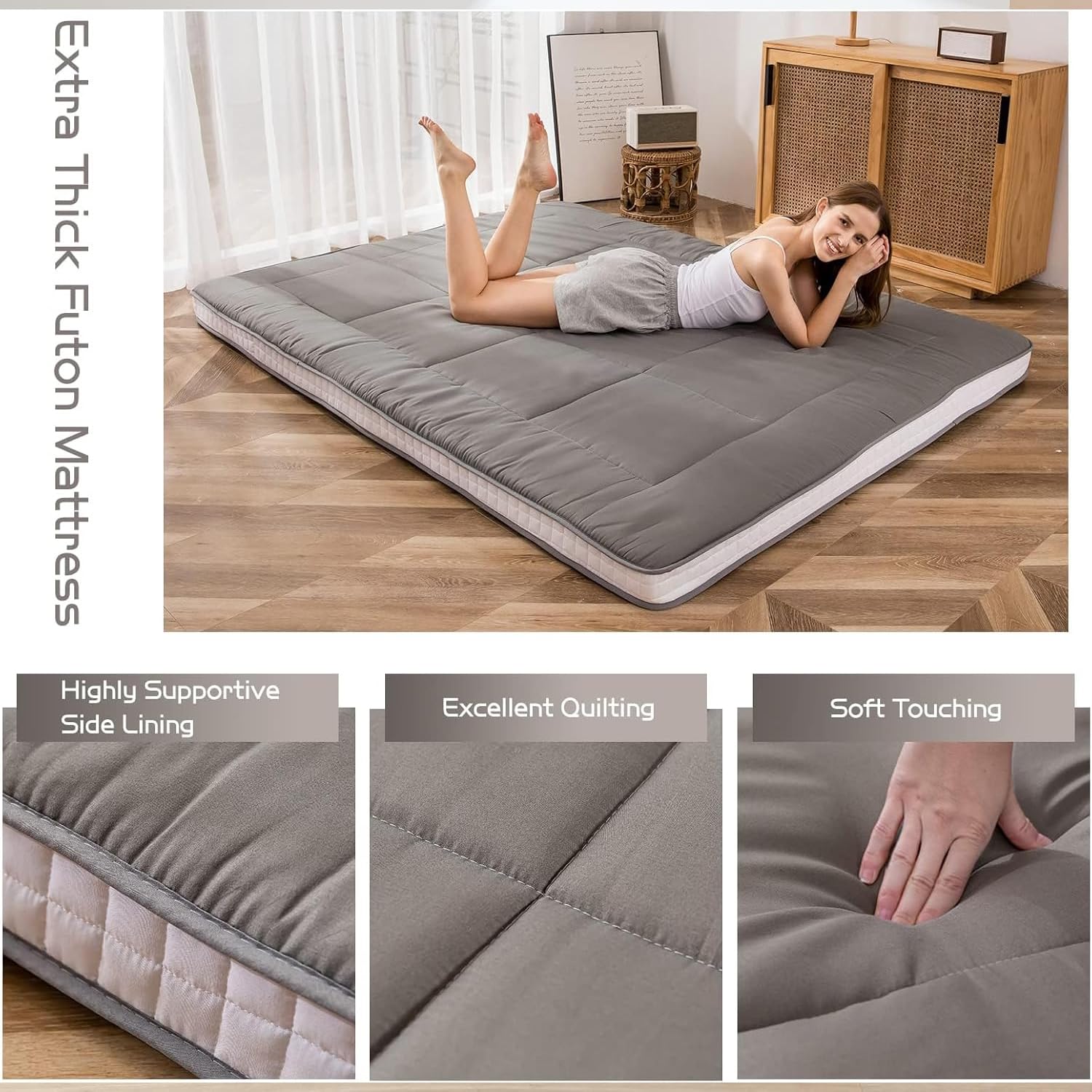 MAXYOYO Japanese Floor Futon Mattress Padded Quilted Bed Mattress Topper, Extra Thick Folding Sleeping Pad Breathable Floor Lounger Guest Bed for