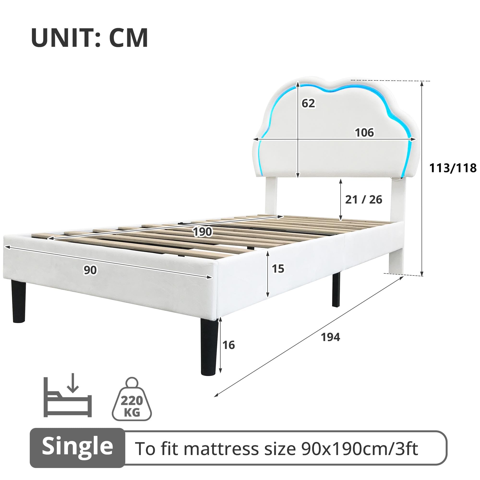 Ball & Cast 3ft Single Upholstered Bed with LED Adjustable Cute Cloud Headboard, Soft Velvet Bed Frame with Solid Wood Slat, No Box Spring Needed