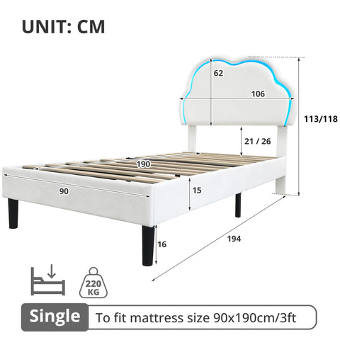 Ball & Cast 3ft Single Upholstered Bed with LED Adjustable Cute Cloud Headboard, Soft Velvet Bed Frame with Solid Wood Slat, No Box Spring Needed