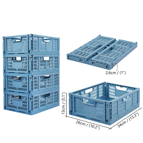 4 Pack Plastic Storage Crates Foldable Shelf Storage Basket Bins for Food Fruit Vegetables Snacks Bottles Toys Toiletries