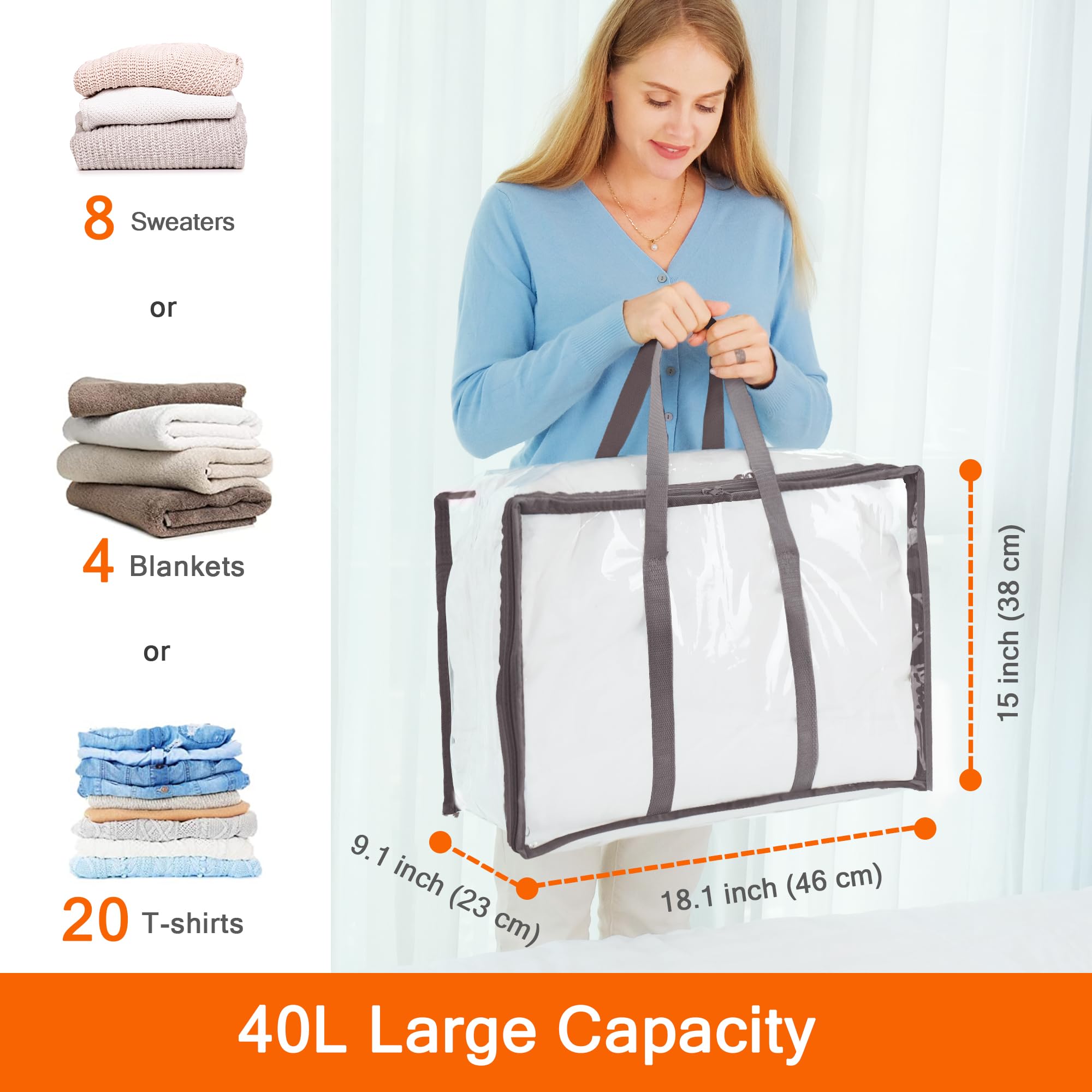 Vieshful 3 Pack Grey Clear Clothes Storage Bag Organizer Reinforced Handle