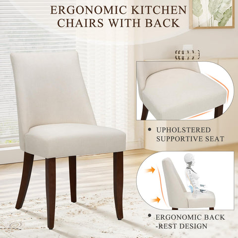 COLAMY Upholstered Dining Chairs Set of 2, Linen Fabric Parsons Dining Room Chairs with Curved Backrest, Solid Rubber Wood Legs