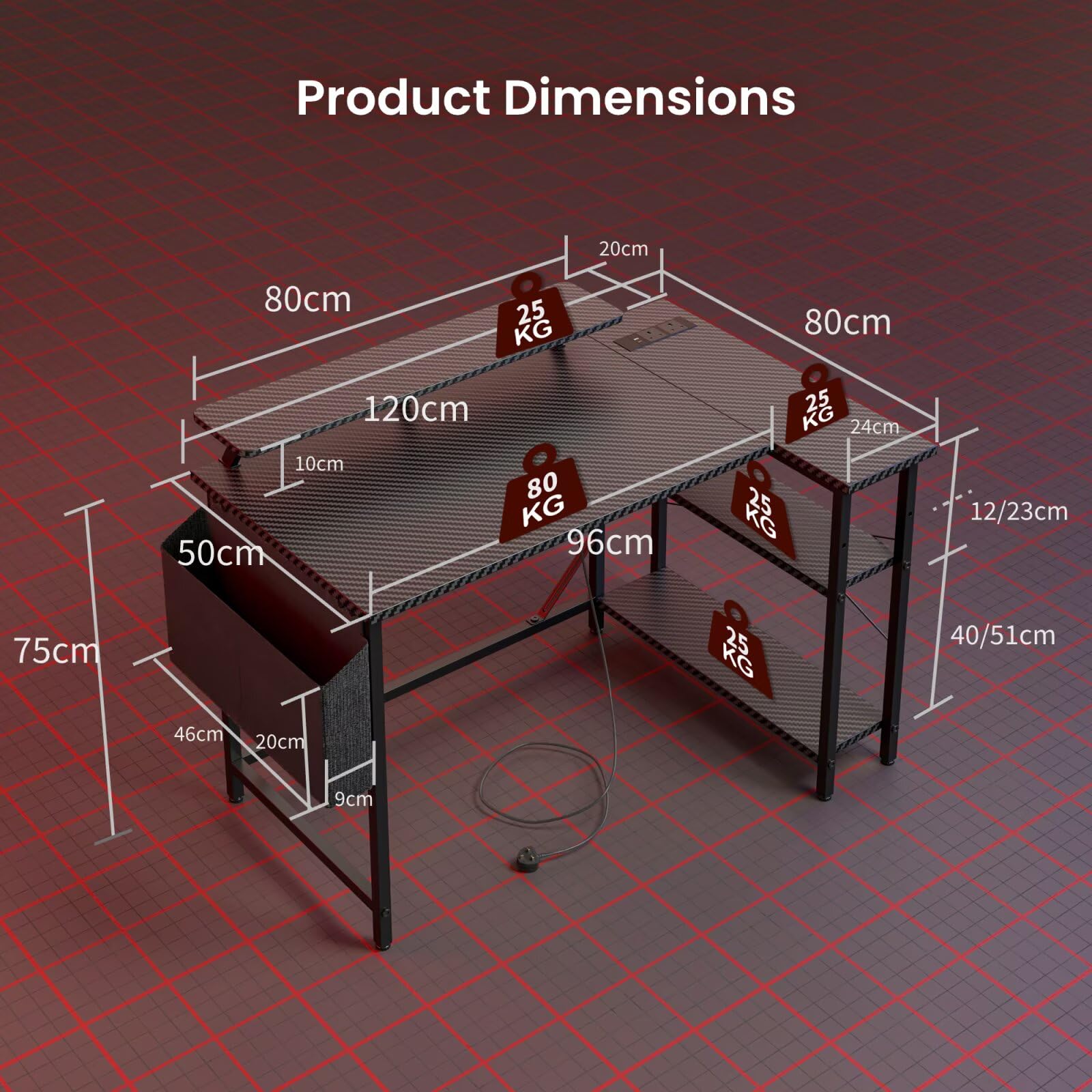 DOMSHOCT L Shaped Gaming Desk with LED Lights & Power Outlets, 120*80cm Corner Computer Table with Storage Bag & Adjustable Shelves & Large Monitor