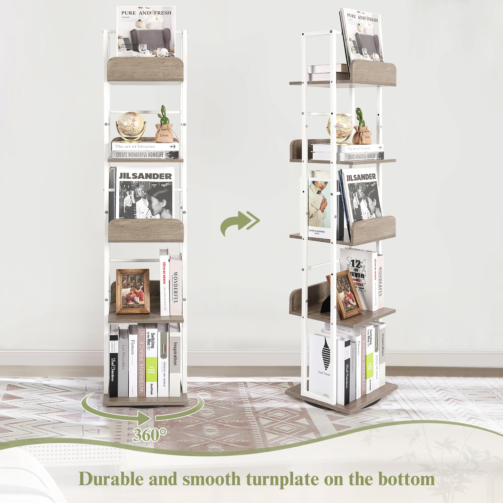 Bikoney 5-Tier Rotating Bookshelf, Tall Industrial Corner Book Tower