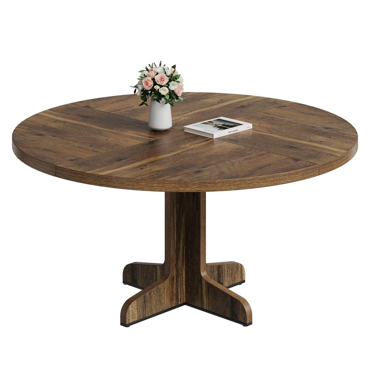 47.2 Inch Round Dining Table for 4-6 People, Engineered Wood Tabletop with Sturdy Wooden Base, Adjustable Feet for Stability
